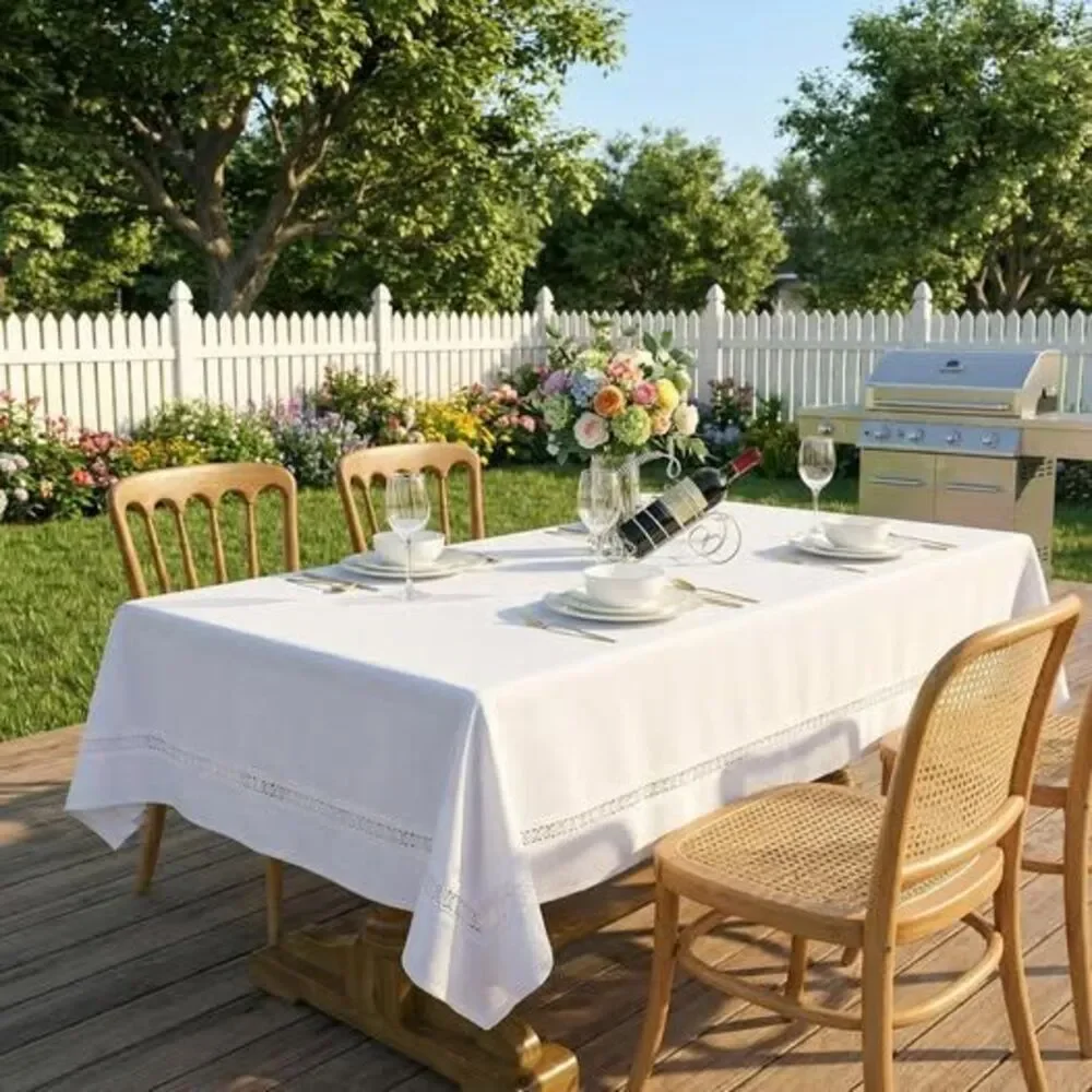 EHouseHome Heavy Duty Fabric Tablecloth with White Lace 60 x 84 Inches